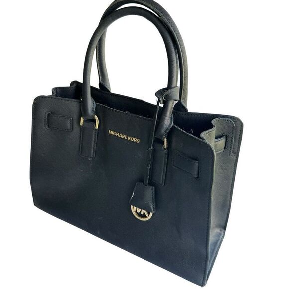 Michael Kors Black Dillon Saffiano Leather Gold EW Satchel Bag Purse - Picture 3 of 11